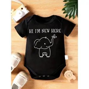 Cute Baby Bodysuit With Hi Im New Here Elephant Print Soft Versatile Round Neck Button Detail Regular Fit All Seasons Knitted Fabric Onesie For 0 12 Months