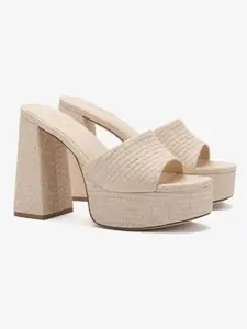 Larroude Dolly Heeled Mules Made in Brazil US Size 10 Neutral Woven Open Toe 4.75 Inch Block Platform Heel Comfortable Fit for Summer Womens Girl Sandal Footwear Raffia Women's Wedge Espadrille Sandals dressy shoe