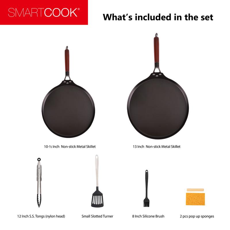 SmartCook 10", 13" Nonstick Carbon Steel Skillets and Utensils set , Durable, Foodi, Perfect for Stove-Tops, Non-Toxic Cookware Set, Griddle with Handle, Omelet Pan, Comal for Tortillas, Crepe Pan pots and Metal Silicone Induction Wood