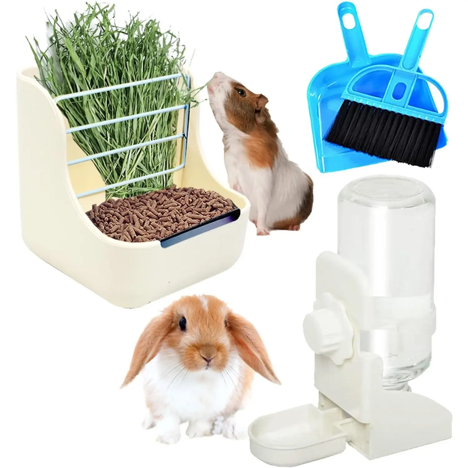2-in-1 Plastic Feeder & Water Dispenser Set for Rabbits, Guinea Pig - 6" x 6" x 7" Anti-Knock Manger Rack Hay Bin, Feeding Tray, 17oz (500ml) Hanging Bottle for Chinchilla, Easy to Use Easy Clean Home Improvement Supplies