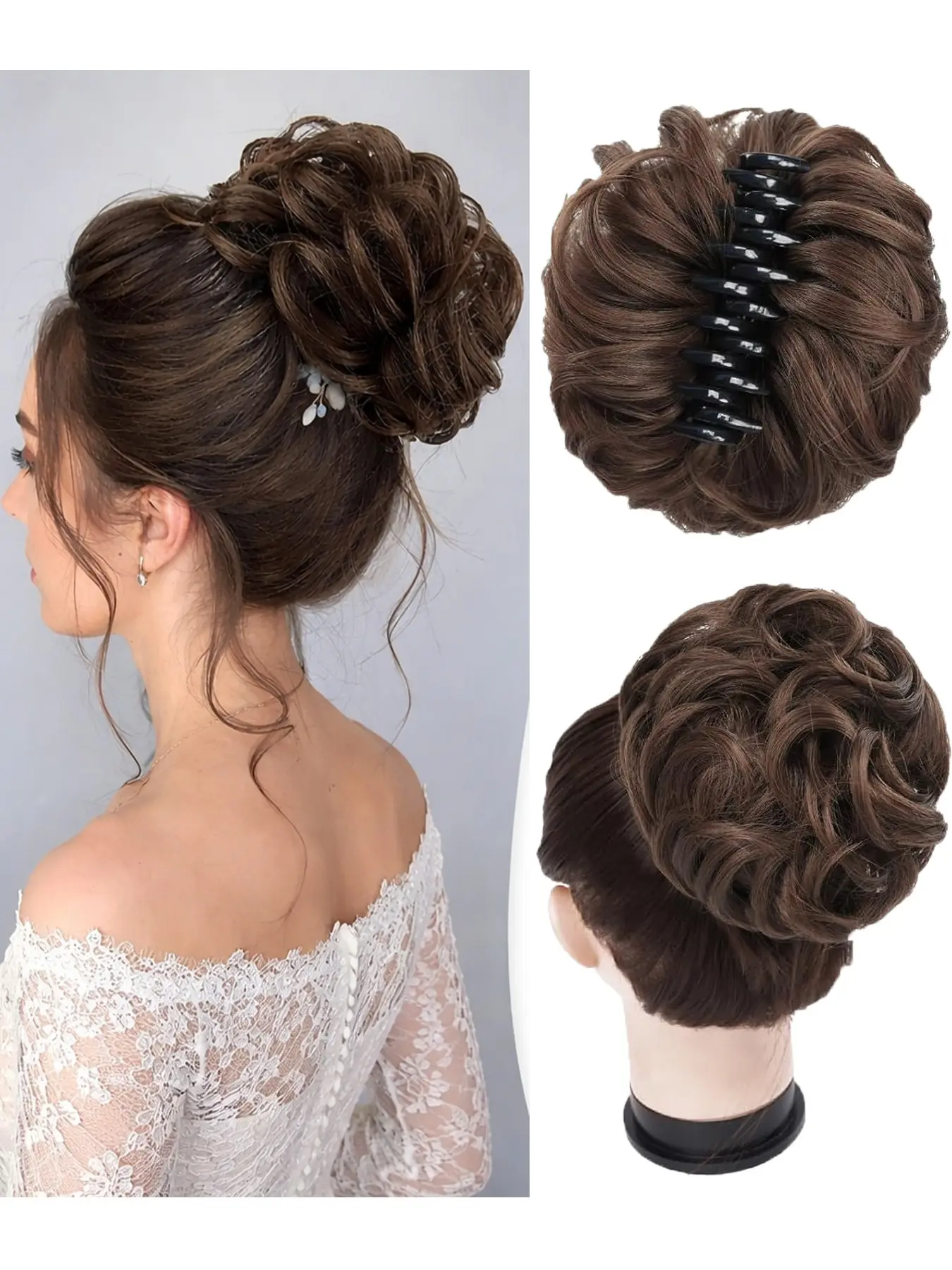 Large Messy Bun Synthetic Hair Piece Scrunchie Curly Bun Extension Hair Extensions Claw Clip In Hair Pieces For Women Wedding Chignon Bun Ponytai Hairpiece For Updos(Medium chestnut Brown)