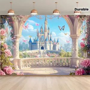 2D flat banner, 1 piece, featuring a dreamy castle arch and bouquet, suitable for decoration of birthday parties, weddings, dance parties and photo booths during festivals, dyz