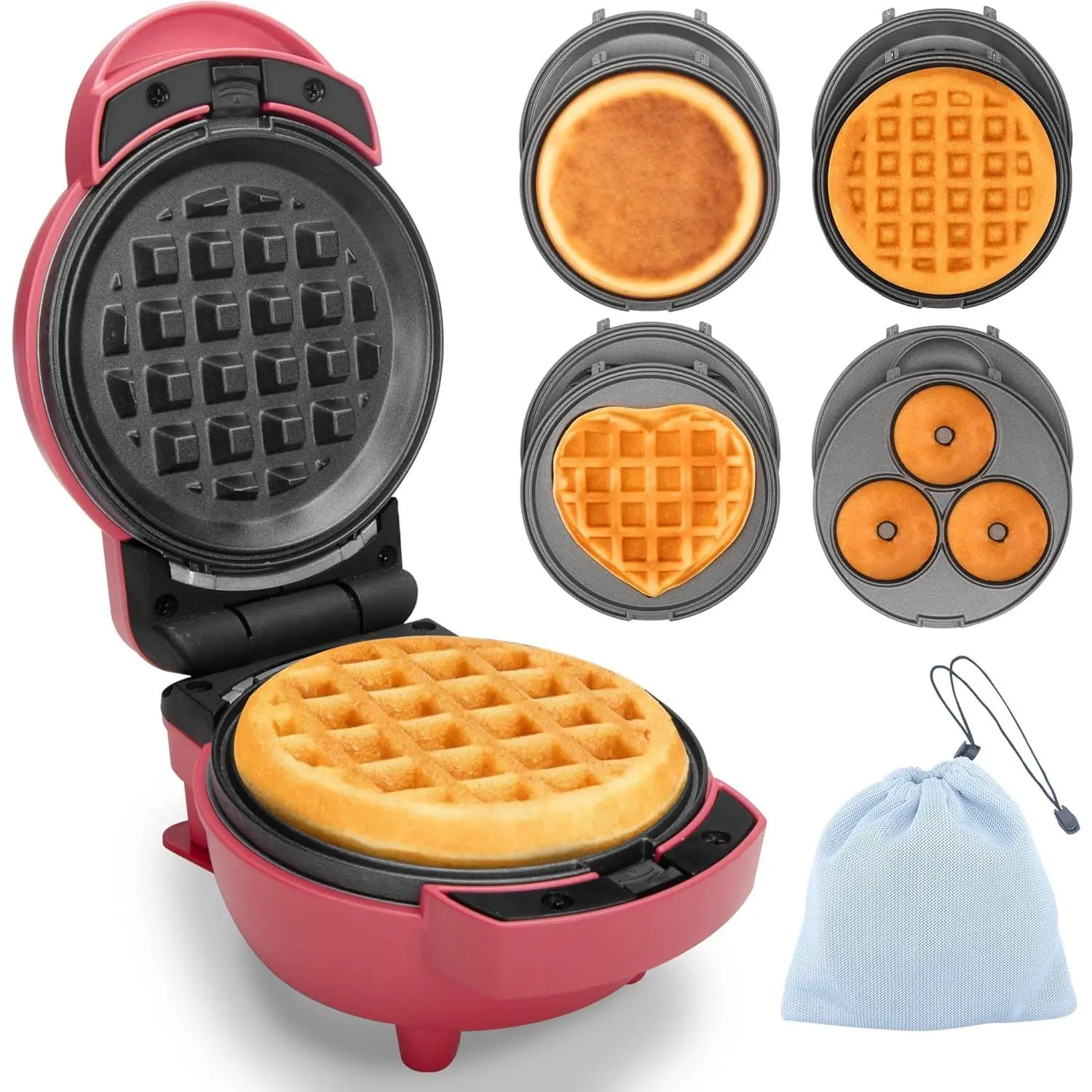 Red 4-in-1 Miniature Multi Maker - Non-Stick Removable Plates (Mini Pancake, Donut, Heart Round), Single Serve, Portable Compact Lightweight, Recipe Included, Power Ready, Ideal for Travelers, First Apartment