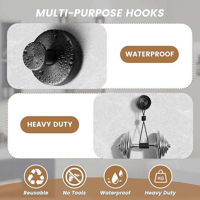 Suction Cup Hooks for Shower, No-Drill Towel & Robe Hooks for Bathroom, Glass Door, Mirror & Tile, 2 Pack, Matte Black – Ideal for Hanging Towels, Bathrobes & Loofahs