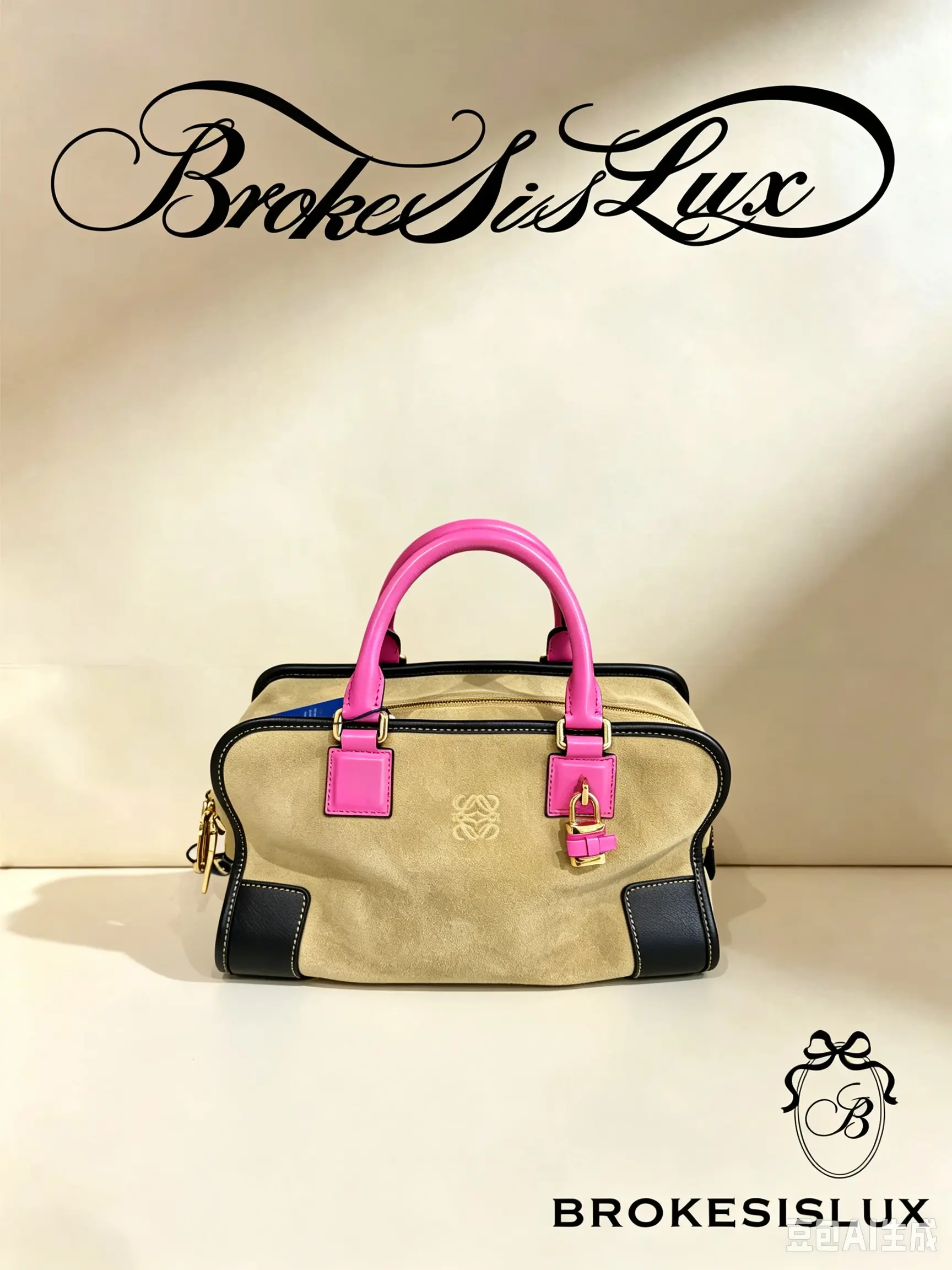 Pre-owned Loewe Amazona 28 Bag in Tan Suede with Hot Pink/Fuchsia Patent Leather Handles & Black Trim