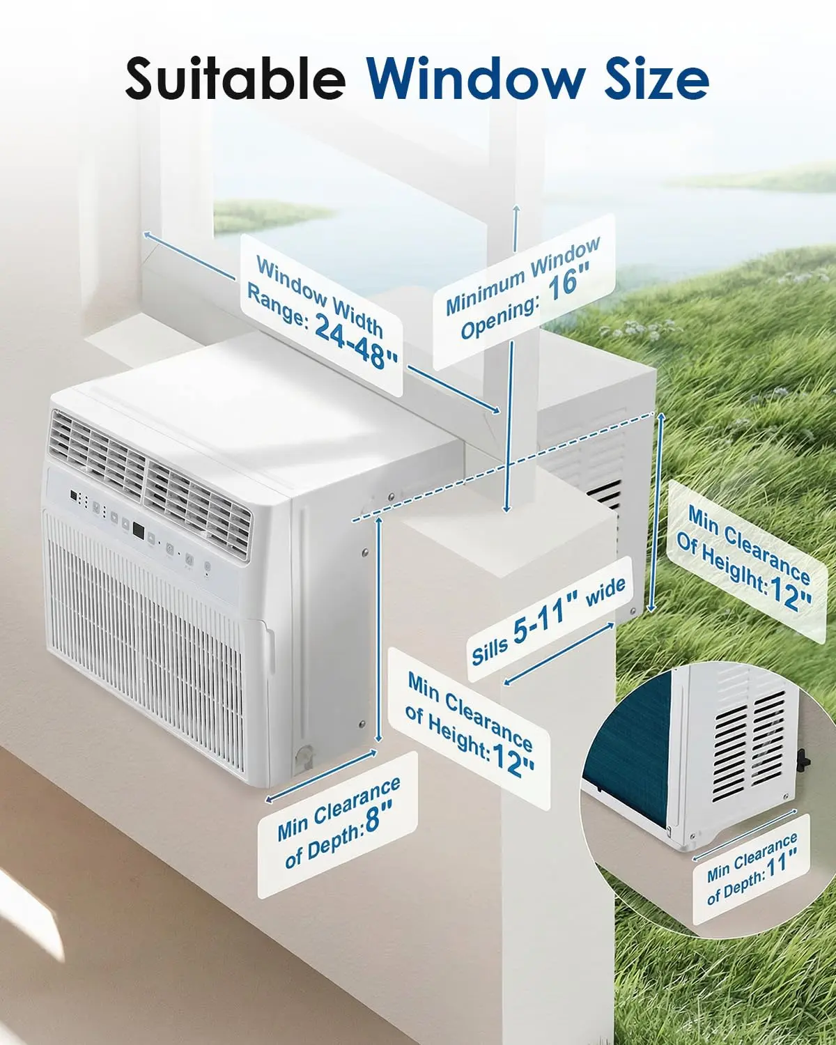U-Shaped Window Air Conditioner with Upgraded Front Panel, 20% Higher Airflow, Digital Remote Control, White Window AC Unit