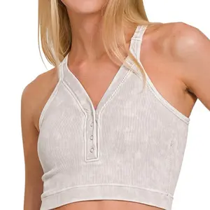 ZENANA-WASHED RIBBED CROPPED BUTTON V-NECK TANK TOP. Nylon Womenswear