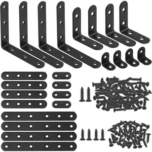 134 count Black Corner Brace Set, 24 count L Shape Bracket and Flat Bracket Metal Joint Plate Fastener with 110 count Screws for   Chair Bookshelf Board Window Furniture Cabinet