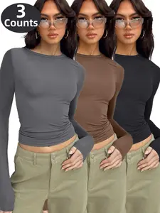 3 Counts Women's Solid Long Sleeves Round Neck Loungewear Tops, Casual Basic Style Tee, Ladies Slim Fit Clothes for All Seasons, Women's Cute Shirts,Womenswear, Y2K, Everyday Wear,Underwear, Casual Breathable Fabric Top, Suitable for Daily and Outing
