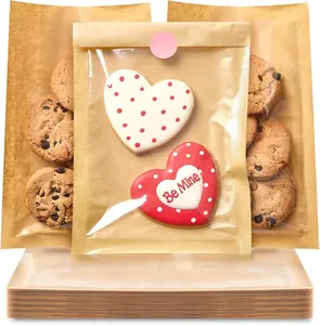 100 Pcs Clear Front Paper Cookie Bags with Seal Heat-Sealable & Grease-Resistant, 5.1x7.5 Inches Bakery Bags with Window, Small Treat Bags Cookies Packaging Favor Bags (Brown)