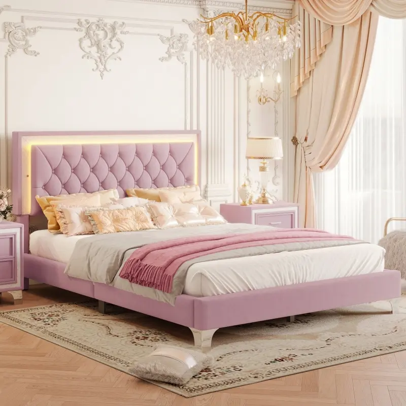 Elegant Upholstered Bed Frame with LED Lights Modern Velvet Tufted Headboard Pink Gray Queen Size No Box Spring Required