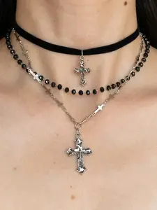 Gothic Dark Cross PU Leather Beaded Multi-Layer Necklace, Vintage Punk Style Party Jewelry for Women, Unique Ladies Accessory, Gothic Mystery Jewelry, Gothic Witch Jewelry, Witchy Jewelry