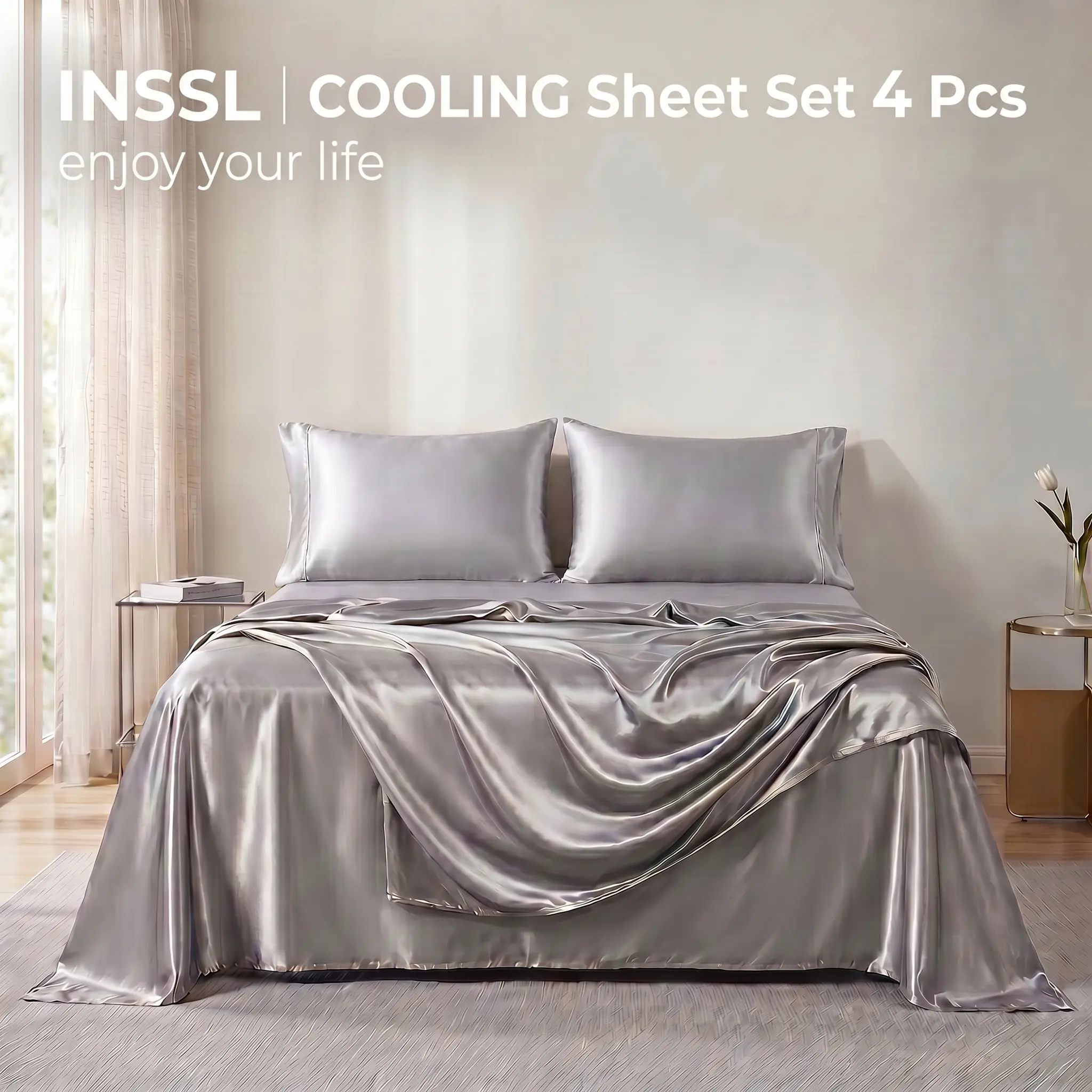 4Pcs Solid Color Satin Sheets Set, Luxury Cooling Bedding for Hot Sleepers, Wrinkle Resistant & Machine Washable, Soft Hotel Style Bed Set with Flat Sheet, Fitted Sheet & Pillowcases, Perfect Father's Day Gift