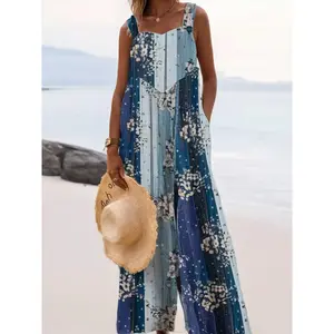 Plus Size All-Over Floral Print Tie-Shoulder Cami Romper, Boho Casual Sleeveless Jumpsuit for Beach Holiday Vacation, Women’s Plus-Size Summer Clothing, Womenswear