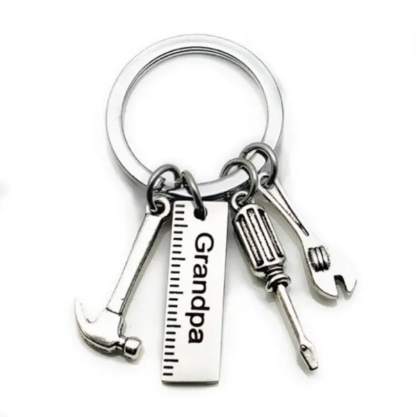 Gift for Grandpa from Grandkids Stainless Steel Tool Charm Keychain, Engraved Grandpa Bar Key Ring with Mini Hammer Ruler Screwdriver Wrench, Sentimental Grandfather Birthday & Father’s Day Keepsake Present