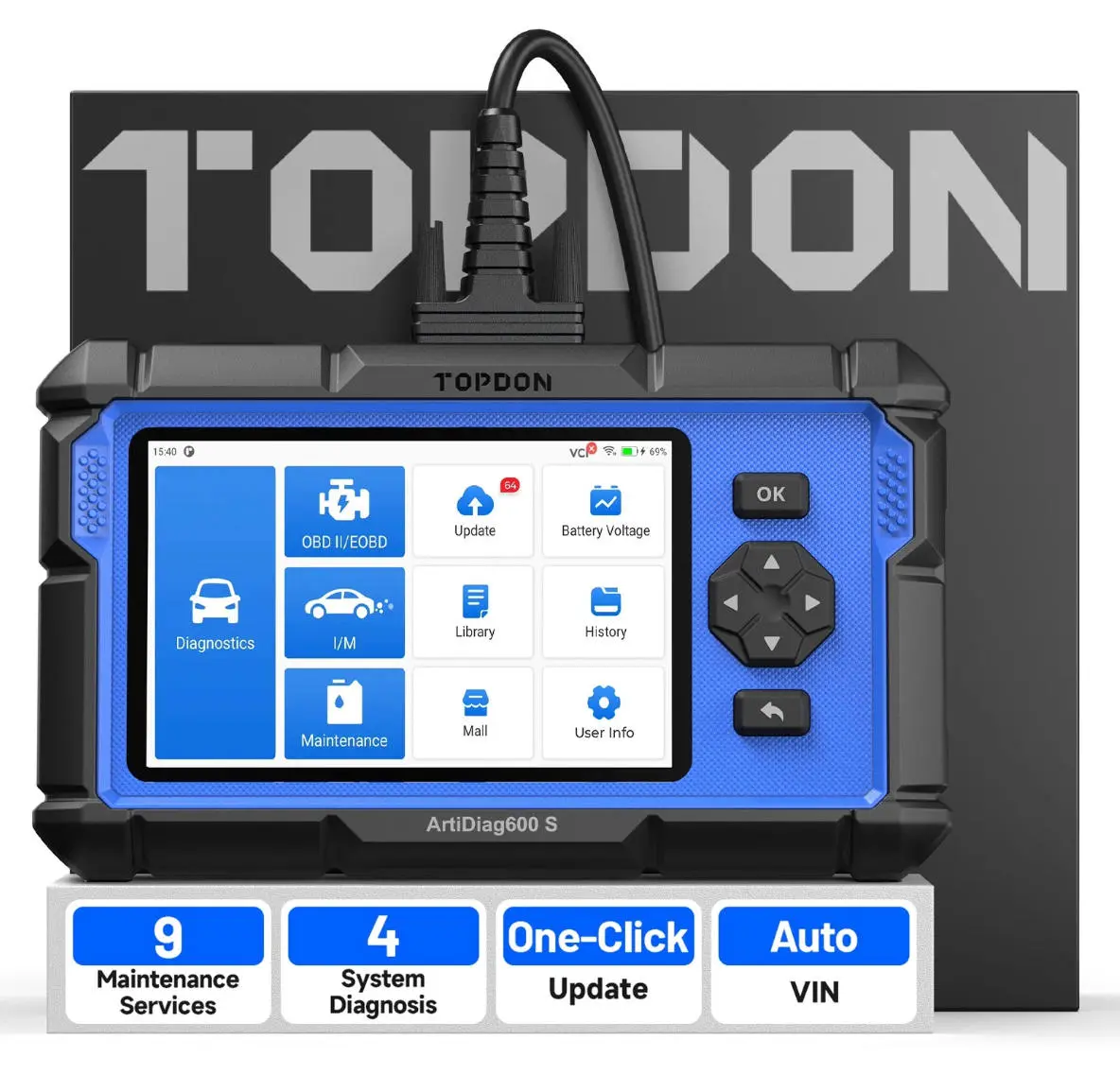 TOPDON AD600S OBD2 Scanner, Engine ABS SRS Transmission Diagnostic Tool Lifetime Free Upgrade, 9 Reset Services Scan Tool