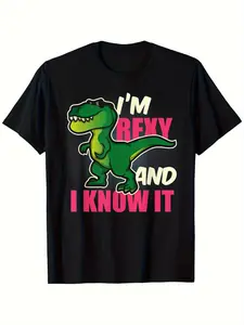 Funny T-Rex Dinosaur Graphic Tee - Im Rexy and I Know It Design, Unisex Casual Cotton T-Shirt for & Adults, Loose Fit, Black with Pink Text, S-XXXL