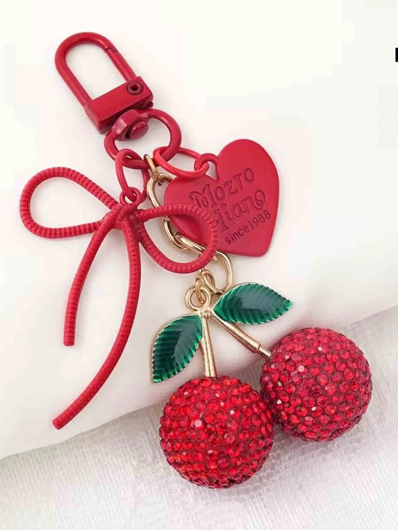 Red Rhinestone Cherry Bow Bag Charm Pendants – Sparkly Keychain with Heart Tag, Stylish Backpack Charm, Trendy Bag Charms, Charms for purses, Bag Chain Charms for Backpack Purse, Ideal for Sweet Style Lovers, Backpack Accessories, Bag Accessory