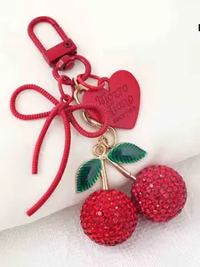 Red Rhinestone Cherry Bow Bag Charm Pendants – Sparkly Keychain with Heart Tag, Stylish Backpack Charm, Cute Bag Decoration & Bag Chain Charms for Backpack Purse, Ideal for Sweet Style Lovers & Daily Casual Look, Backpack Accessories
