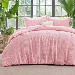 Waffle Comforter Queen Size - Soft Embossed Comforter Set 3 Pieces, Pink 3D Pattern Bedding Set,Winter Warm Bed Set,1 Comforter with 2 Pillowcases