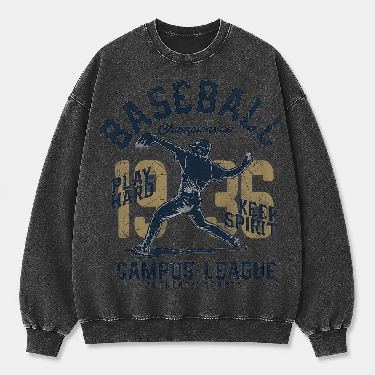 Vintage Baseball Washed Sweatshirt for Men Women, Black Crew Neck Long Sleeve Pullover, Pitcher Graphic Campus League Casual Sports Top, Size S-5XL