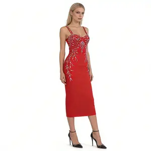 Women's Red Rhinestone Bandage Midi Dress, Spaghetti Strap Bodycon Cocktail Party Dress