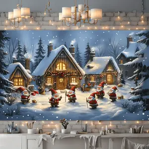 Christmas Village Tapestry Wall Hanging, No-Electricity Holiday Backdrop with Santa & Festive Scene, Aesthetic Room Decor for Living Room Bedroom Party, Soft Polyester Hanging Wall Art