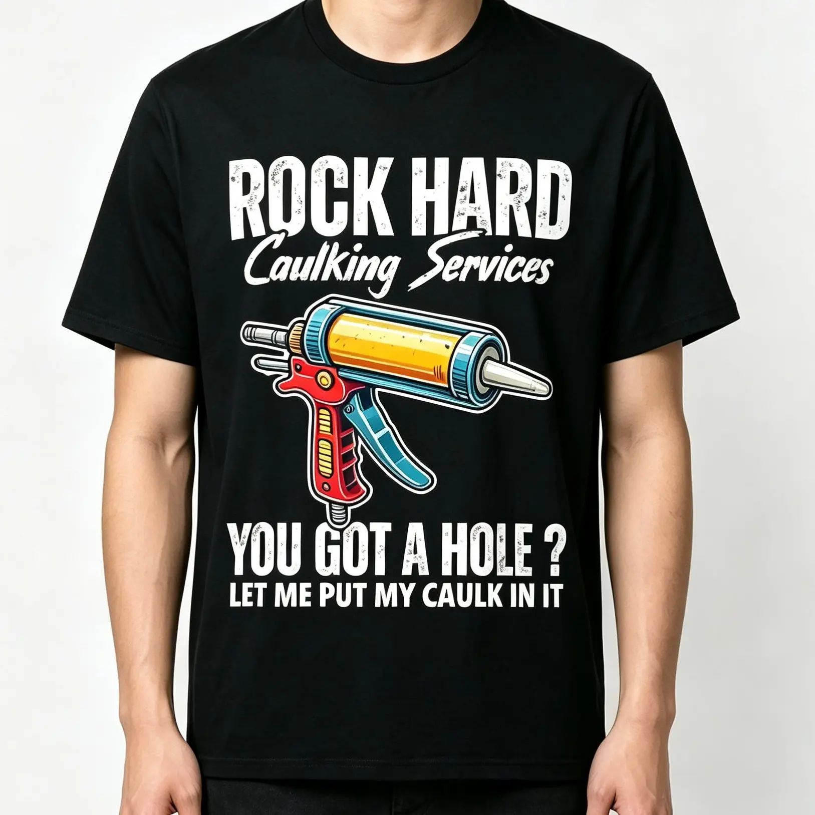 Men's Round Neck Short-Sleeve Casual Menswear T-Shirt - Rock Hard Caulking Services Adult Humor Inappropriate Joke Design - Made in USA, Top-Quality Classic Tshirt, Shortsleeve, Unisex