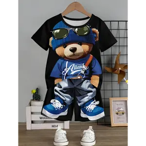 Children's Autumn and Winter Fashion Flannel  Two-piece Set  Toddler Kid's Clothes For Spring Fall Winter Daily & Outdoor Wear Boys' Cool Bear 3D Print T-Shirt & Shorts Set - Comfy, Stretchy Polyester Blend, Machine Washable - Perfect for S