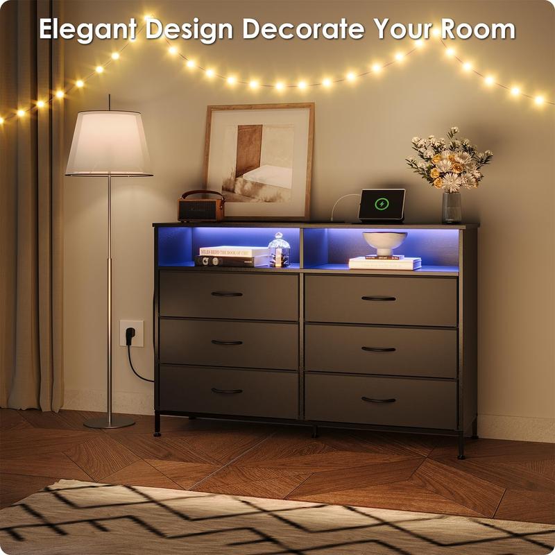 6 Drawer Dresser for Bedroom with LED Lights and Charging Station, Modern Wood Dressers with Extra Side Bag, Double Wide Drawer Cabinet TV Stand for up to 60" TV for Living Room (Black)