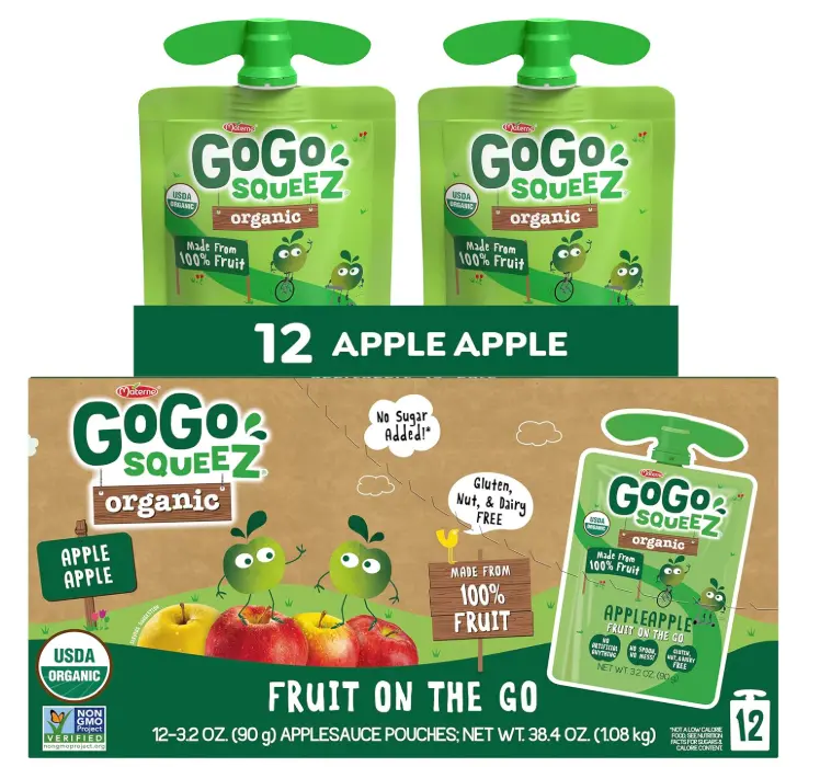 GoGo squeeZ No Sugar Added Organic Applesauce and Fruit Puree, Apple Apple, 3.2 oz Pouches (Pack of 12), Fruit Snacks for Kids, Gluten Free, Nut Free, Recloseable Cap, BPA Free