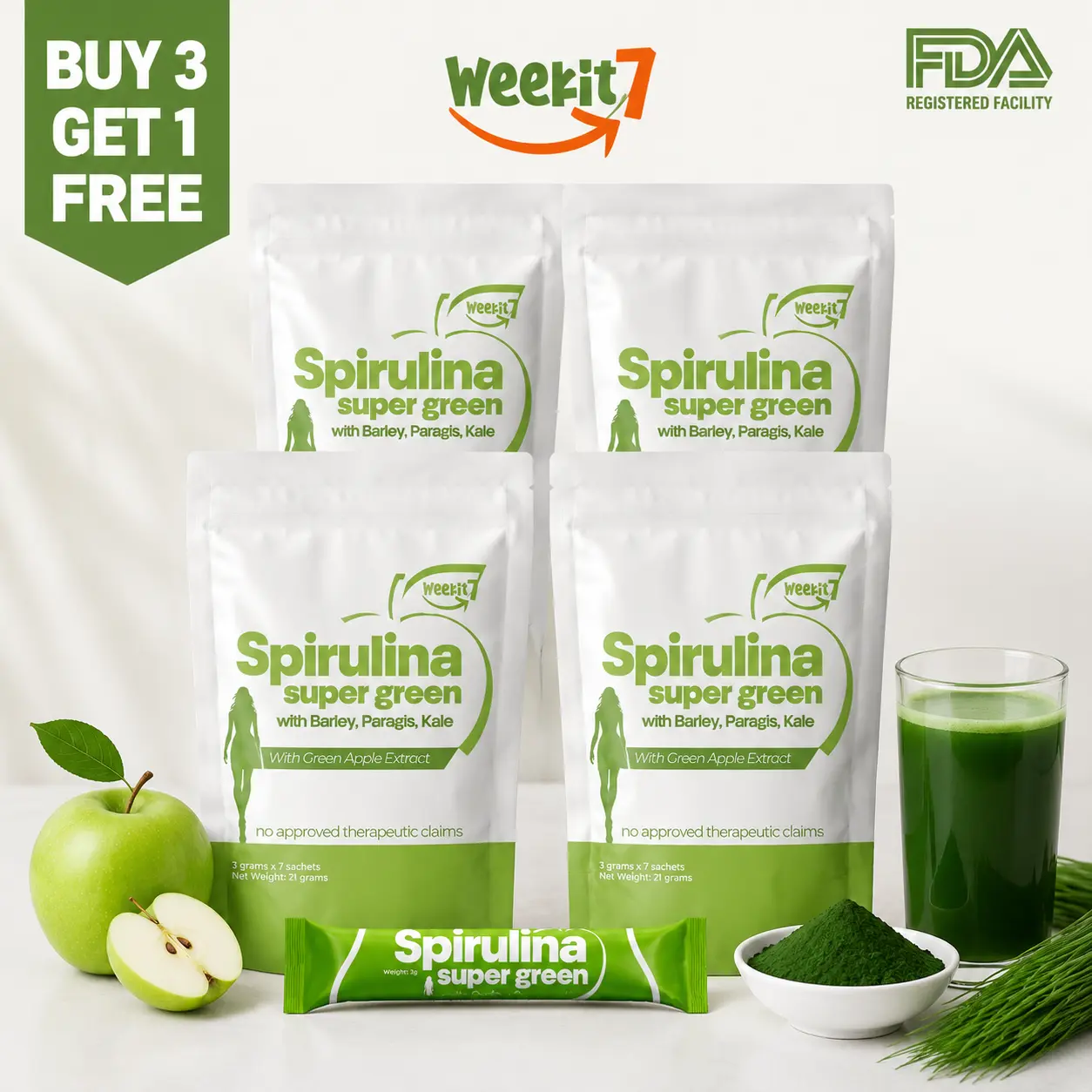 【 BUY 3 GET 1 Free 】【Spirulina Powder Weekit7】4 PACKS In Total | Daily Digestive Support | to help Maintain Gut Balance | Support Nutrient Absorption | FDA Registered | Boost Immunity | and Promote Overall Digestive Wellness