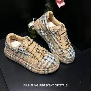 Women's 2026 Full-Diamond Low-Top Casual Athletic Trainers - Fashionable, Lightweight, Luxurious, Breathable Footwear with Bold Stripes & Checks, Supreme Comfort, Durable Traction, Ideal for Elevated Street Style Walking Shoes Girl