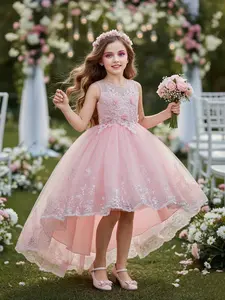Children's Halloween and Christmas Costumes,Girl's Floral Decor Tulle Dress, Floral Embroidery Dress, Embroidered Tulle Dress, Elegant Round Neck A Line Dress for Party Wedding Guest, Kids Clothes for All Seasons, Princess Peach Dress Poof