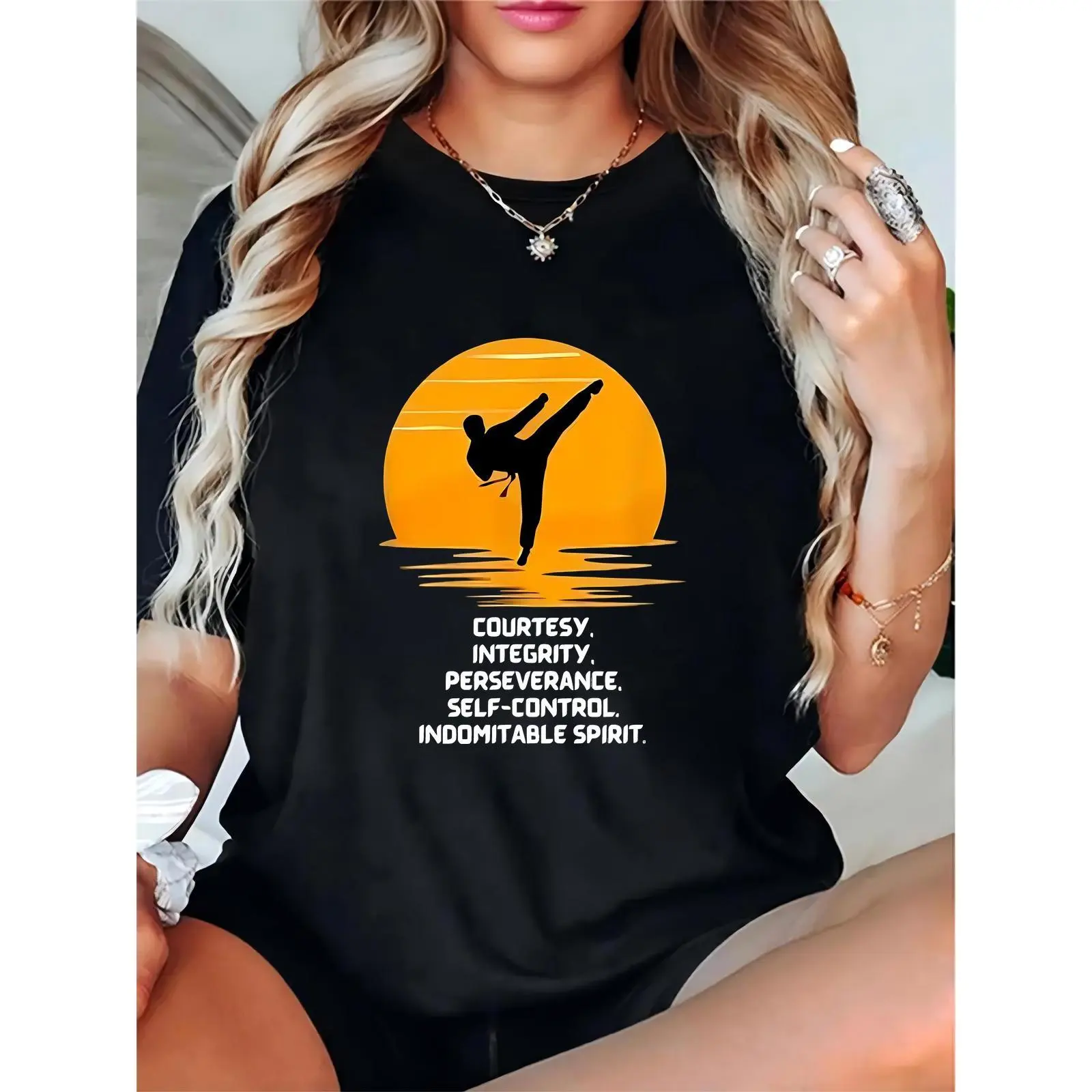 Women's Black Karate T-Shirt with Sunset Silhouette & Martial Arts Virtues | Casual Sports Tee for Karate Enthusiasts & Martial Artists, Basic, Shortsleeve, Ladies, Essential, Elegant, Comfortable, Cotton, Prints, Skirts, Day