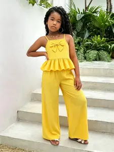 Girls' Summer, Bow Halter Two-Piece Set, Sleeveless Set, Matching Set, Stylish Wide-Leg Pants, Beach Vacation, Daily Wear, Fashionable Kids Clothing