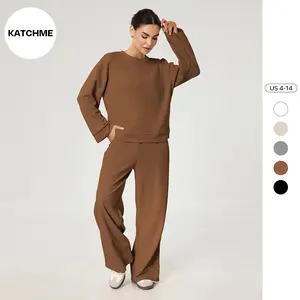KatchMe Women's Spring & Fall Slouchy Round Neck Textured Long Sleeve Top & High Waist Stretch Trousers Co-ord, Soft Loose Outdoor Two Piece Outfits