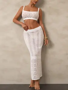 Women's Solid Crop Cover Up Top & Hollow Out Cover Up Skirt Set, Sexy Chic Swimwear for Beach Holiday Vacation, Ladies Summer Clothes