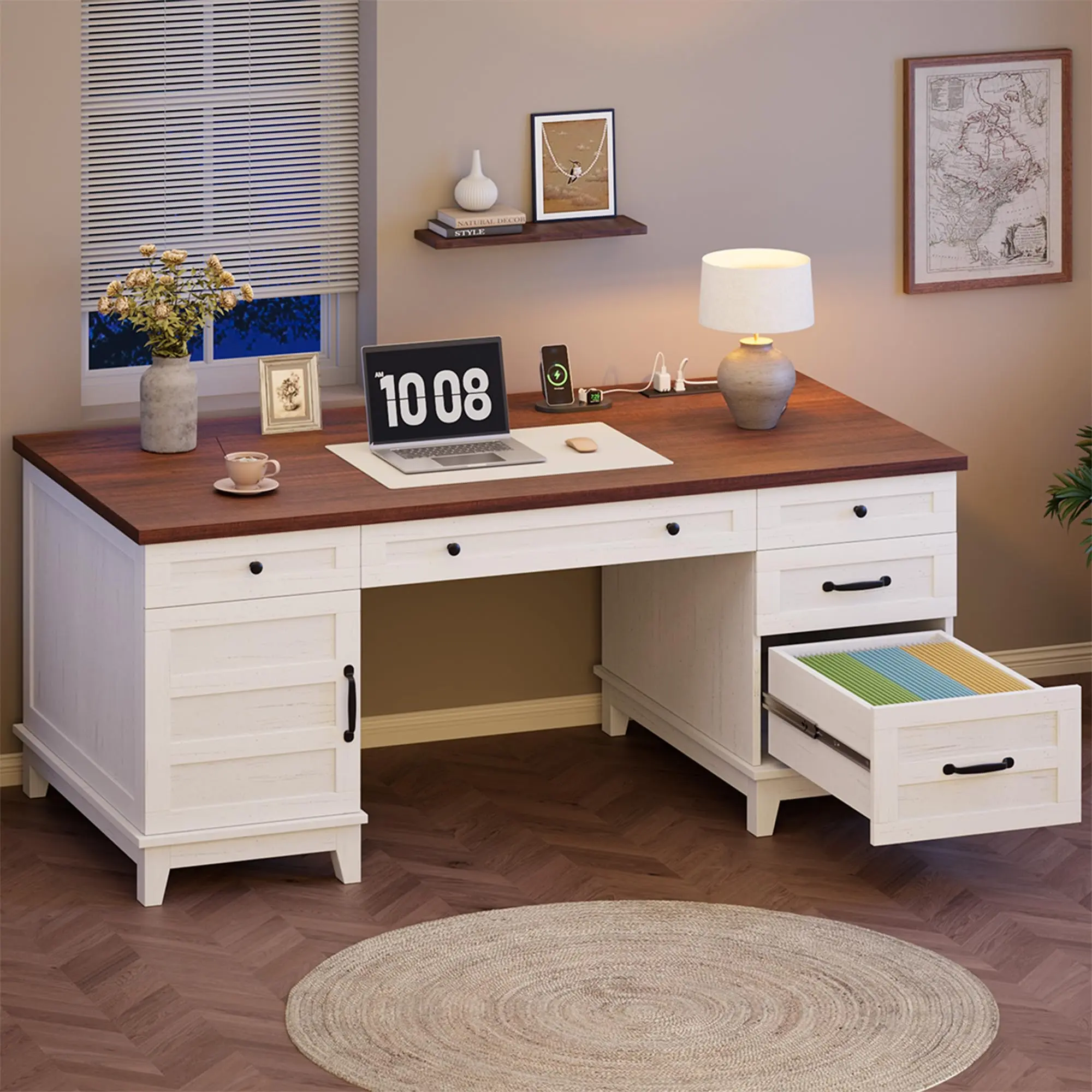 YJ-Garvee Executive Desk with File Drawers, Farmhouse Home Office Desk with Charging Station, 60 in Wooden Computer Desk with Cabinet Storage for Work Study Writing, White Walunt