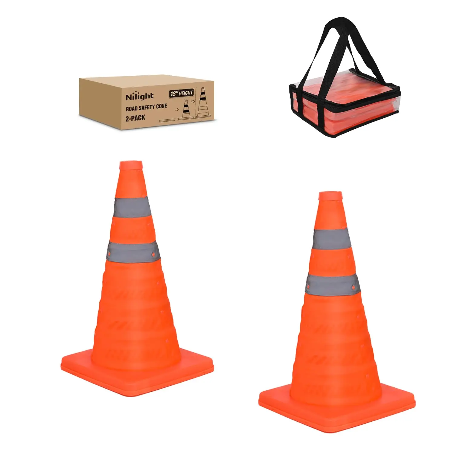 Nilight 18-In High Visibility Traffic Control Cones, 2-Pack - Durable Bright Orange Oxford Fabric Collapsible Foldable Cones with Reflective Collars, All-Seasons Accessories for Construction Zone Safety, Hazard Marking, Roadway Delineation, RV Camping, Hi
