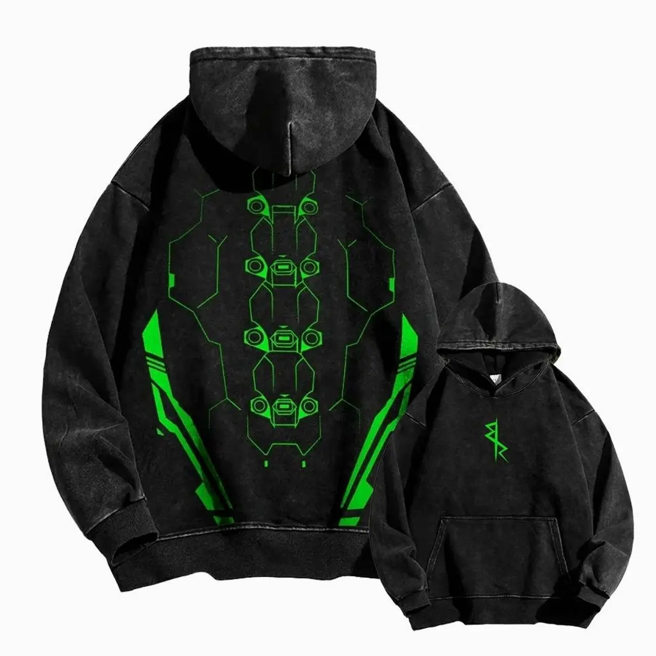 Retro Vintage Cyberpunk Edgerunners Casual Washed Hoodie Cotton Tee Heavyweight Washed T-Shirt Game Acid Washed Lightweight T Shirt Gift For Game Fan Gamers Cotton Clothing Menswear Classic Apparel Soft Man Oversized Long Sleeve Sweatshirt AAB