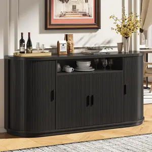 【CategorySelect】ONBRILL 63" Gorgeous Sideboard Buffet Cabinet with Storage, Modern Fluted Accent Credenza with Sliding Doors, Drawers and Adjustable Shelves, Wood Coffee Bar Console Table, Kitchen Furniture, Living Room Furniture, Entryway Furniture