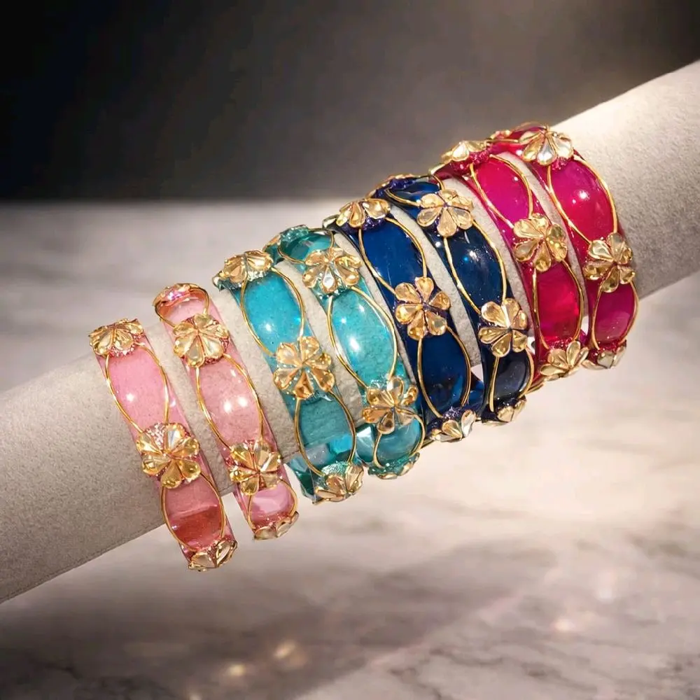 Beautiful Moti Glass Bangles with Floral Accents Set of 2 in Vibrant Colors for Stylish Accessory