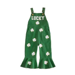 Ireland Toddler Baby Girl St Patrick's Day Jumpsuit Letter Clover Embroidered Sleeveless Bell Bottom Romper Lucky Overalls Ribbed Flare Jumpsuit