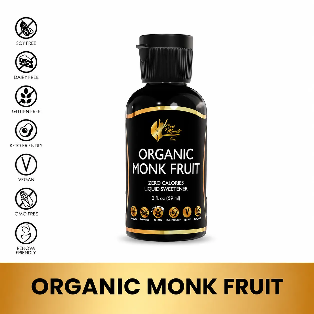 Cocó March N.M.D Organic Monk Fruit Liquid Sweetener 2 fl oz Zero Calories Keto Friendly Vegan Gluten-Free Natural Sweetener for Wellness Nutrition - Carb