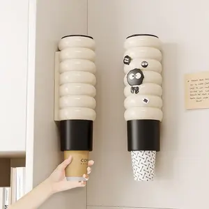 Disposable Cup Holder, 1/2 Counts Wall Mounted Cup Storage Rack with Cartoon Stickers, Punch Free Plastic Paper Cup Holder, Bathroom Supplies, Home Supplies