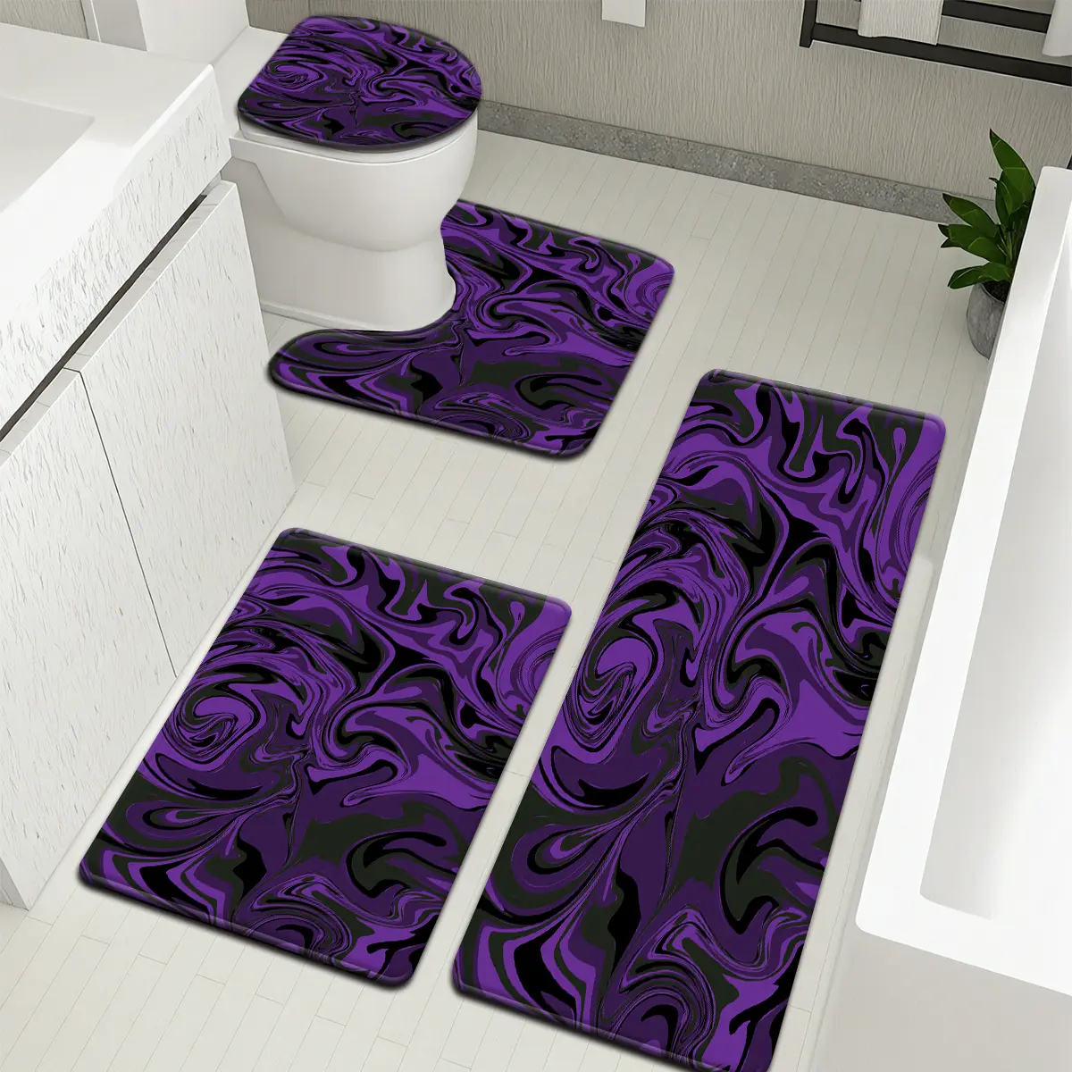 Nordic Style Purple Abstract Fluid Pattern Bathroom Mat Set - 3pcs/4pcs Bundle with Toilet Lid Cover and U-Shaped Footmat