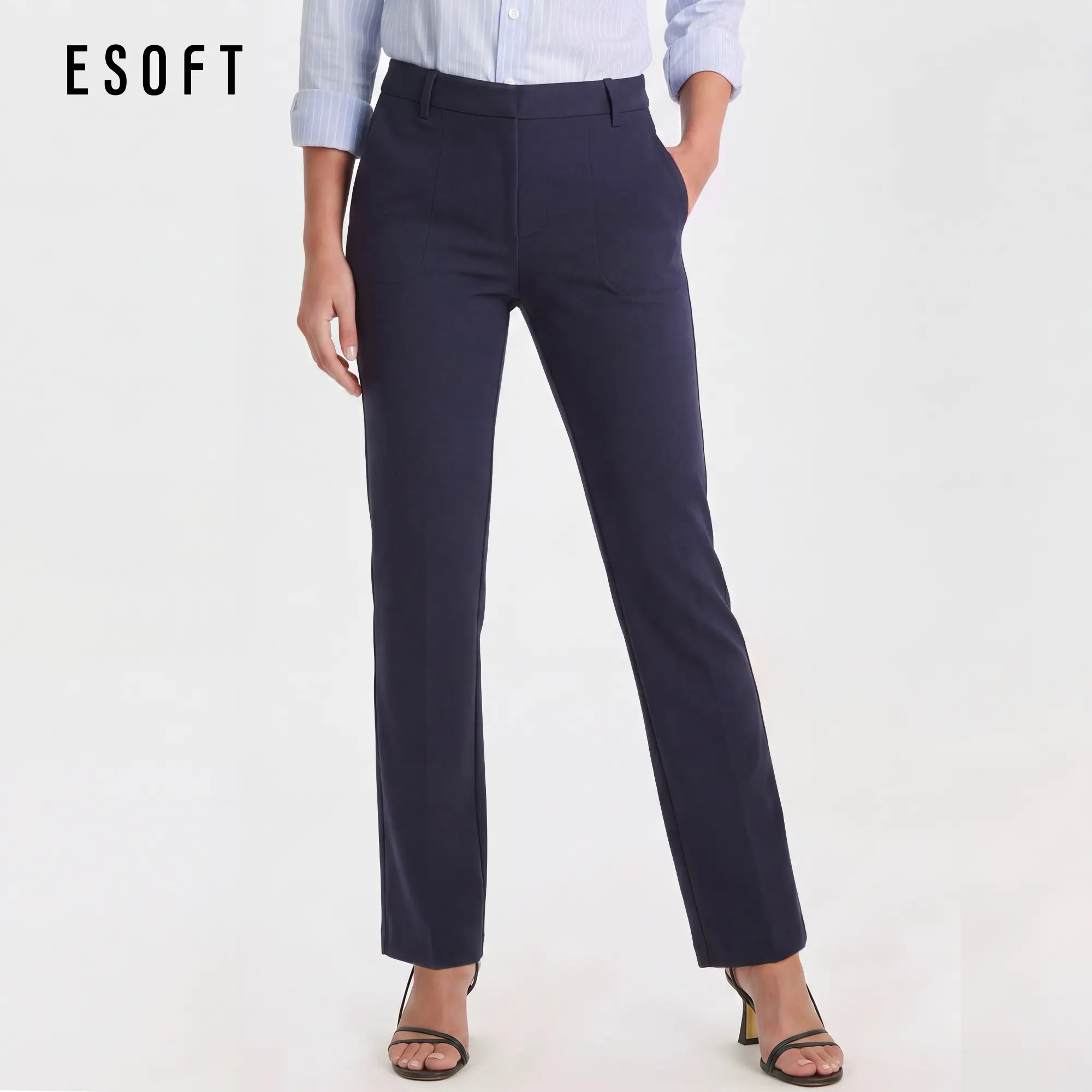 ESOFT Women's Stretch Straight Leg 4-Pocket Work Pants, Petite-Friendly Pull On Wrinkle Free Ponte Dress Pants for Business Casual