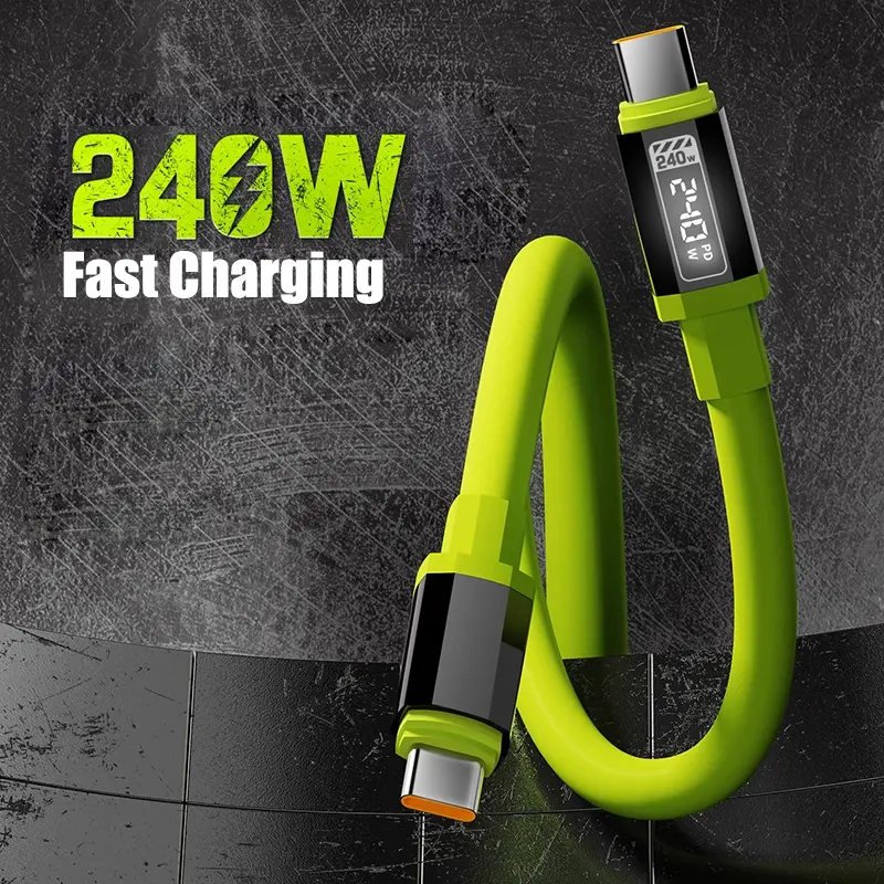240w PD Super Fast Charging Cable, USB-C to USB-C Silicone Cord, 480mbps High-Speed Transfer, Type C to C LED Display Cable, LED Display Feature