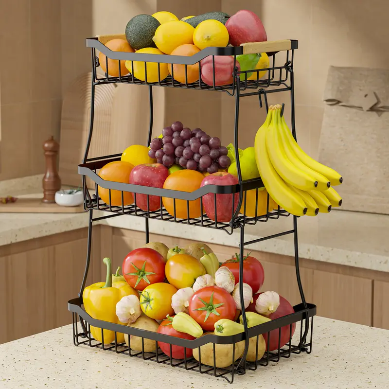 2/3-Tier Square Metal Fruit Basket Stand, Sturdy Large-Capacity Home Organizer Storage, Durable Kitchen Storage Unit for Fruits, Space-Saving Stackable Countertop Rack